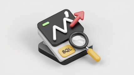 Poster - 3D render of upward trend graph with SQL button and magnifying glass, symbolizing data analysis and growth.