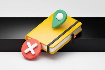 Fototapete - A yellow notebook with a location pin and a red 'X' signifying location deletion or task removal.