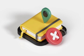Leinwandbilder - A yellow notebook with a location pin and a red 'X' mark, symbolizing location deletion or rejection.