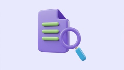 Fototapete - 3D render of a purple document icon with a magnifying glass, symbolizing search and document analysis.