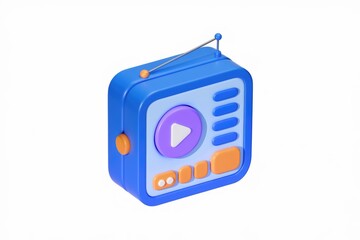 Poster - A 3D render of a cute blue radio with play button, representing media player.