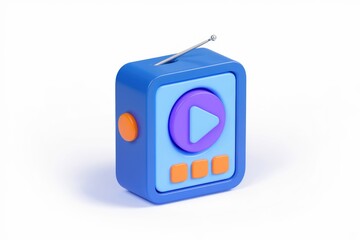 Poster - A 3D-rendered blue radio with a play button and antenna, representing media playback.