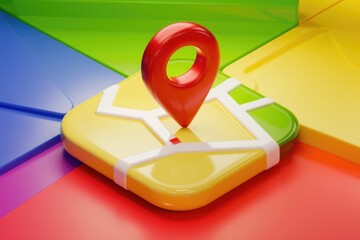 Leinwandbilder - A 3D rendering of a red location pin on a colorful map, symbolizing navigation and geolocation.