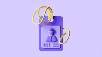 Poster - A 3D rendered image of a purple ID card with a male profile picture, hanging on a yellow lanyard.