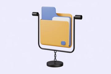 Fototapete - 3D render of a yellow folder icon hanging on a black stand, symbolizing data storage or file management.
