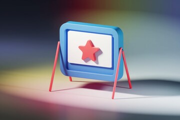 Fototapete - A 3D rendering of a blue frame with a red star, standing on red legs.