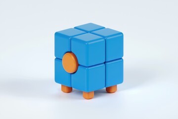 Fototapete - A blue cube with an orange center piece and orange legs, a simple 3D model.