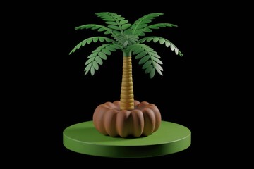 Aufkleber - A stylized 3D render of a palm tree planted in a pumpkin, set on a green platform against a transparent background.