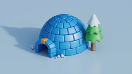 Poster - A 3D rendering of a cute blue igloo with a small snow-covered tree beside it.