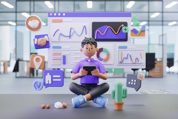 Poster - A 3D cartoon character analyzes business data on a digital screen using a tablet.
