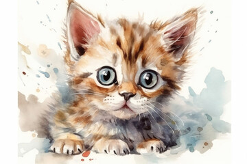 Wall Mural - cat with very large surprised eyes on a white background, illustration., watercolor style,  