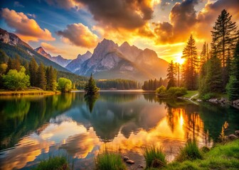 Canvas Print - Sunset Serenity over a Mountain Lake: A Tranquil Scene with Golden Hues Reflecting on Calm Waters, Emphasizing Nature's Beauty and Peaceful Atmosphere at Dusk