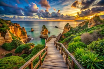 Wall Mural - Surreal Wooden Walkway Leading to a Hidden Beach at Ponta da Piedade, Algarve: Enchanting Cliffs and Turquoise Waters