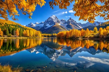 Canvas Print - Tranquil Mountain Reflections: Snow-Capped Peaks and Golden Autumn Leaves Mirrored in a Pristine Lake Surrounded by Vibrant Nature in a Serene Landscape