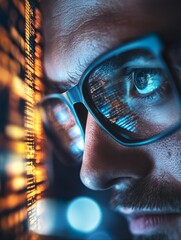focused developer coder wears glasses working on computer looking at programming code data cyber sec
