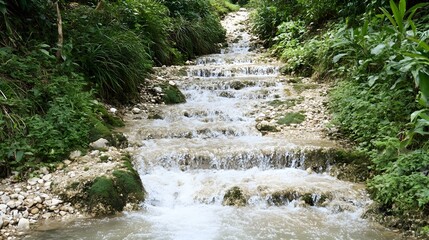 Wall Mural - Serene cascading stream flowing over rocks amidst lush green vegetation.  Perfect for nature, travel, and relaxation themes.