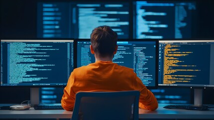 programmer coding late night on multiple monitors - cybersecurity (.