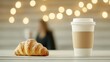 © FalseMercury - Coffee cup and croissant illuminated by soft glow rings in a cozy setting with blurred figures enjoying the moment