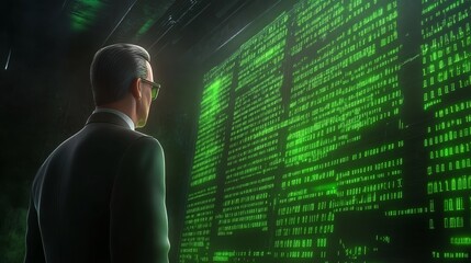 Man contemplates a wall of binary code, exploring the digital world of technology, data and programming