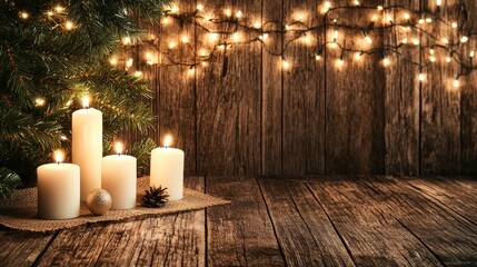 Wall Mural - Glowing christmas tree decorated with festive candles and a touch of natural pine branch