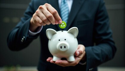 Wall Mural - A businessman deposits a green eco-friendly token into a piggy bank, symbolizing sustainable saving practices and financial responsibility. The image conveys green investment and environmental conscio