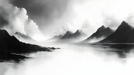 Wall Mural - Misty Mountains Reflecting on Calm Lake, Serene Nature Scene, Tranquil Landscape