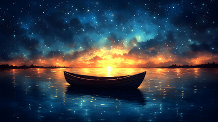 Canvas Print - Starry Sunset: Boat on Calm Water, Peaceful Night