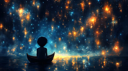 Poster - Child Alone in Boat, Starry Night Sky, Magical Scene