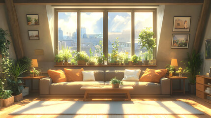 Wall Mural - Sunlit Living Room Plants Decor Cozy Apartment