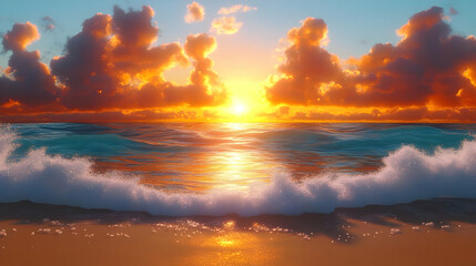 Wall Mural - Ocean Waves Crashing on Sandy Beach at Sunset