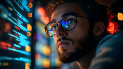 Programmer Reviews Code, Debugging Late Night, Focus Intensely
