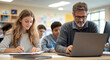 © Tondone - A teacher helps a student, both focused on a laptop and notes, in a classroom setting. The scene captures the essence of learning and mentorship in an educational environment.