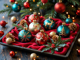 Wall Mural - Charming arrangement of colorful christmas ornaments and pinecones on a rustic wooden table, photography of still life concept.