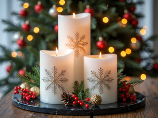 Wall Mural - Festive candles surrounded by holiday decor and a glowing christmas tree, photography of still life concept.