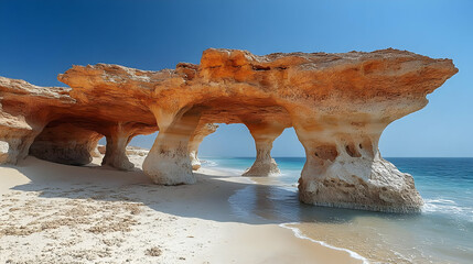 Wall Mural - Coastal Rock Arches: Nature's Sandstone Sculptures on Sandy Beach under Blue Sky