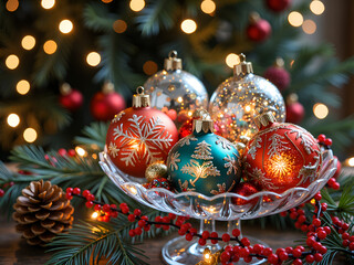 Wall Mural - Festive ornaments displayed on a glass stand surrounded by holiday lights and greenery, photography of still life concept.