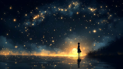 Canvas Print - Girl Silhouetted, Gazing at Night Sky, Starry Lake, Peaceful Moonlit Scene