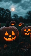 Wall Mural - Lit jack-o'-lanterns in field at night.