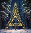 © Machita - Evergreen tree with branches shaped like a triangle and covered in snow and Christmas lights , frosty decoration, coniferous tree