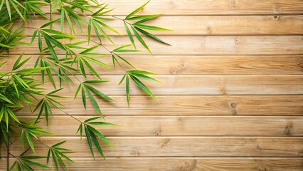 Poster - Serene Bamboo Leaves on Light Wooden Planks Background