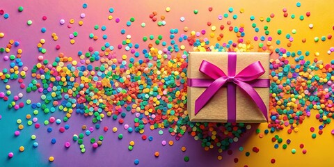 Wall Mural - A festive gift box with a vibrant pink ribbon rests on a bed of colorful confetti, creating a joyful celebration scene.