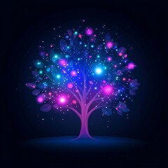Wall Mural - glowing tree with vibrant lights and leaves at night.