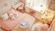 © azi - Pastel pink girl's bedroom with desk, bed, and toys.