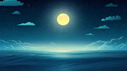 Wall Mural - Moonlit ocean scene with clouds and starry