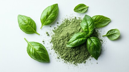 Wall Mural - Fresh Basil Leaves and Powder: Aromatic Culinary Herb