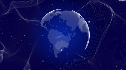 Wall Mural - futuristic planet earth hologram cyberspace. world map of glowing dots with hud big data circles aga