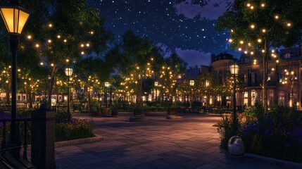 Wall Mural - City square at night with bright streetlights casting a warm ambiance over a quiet, open space