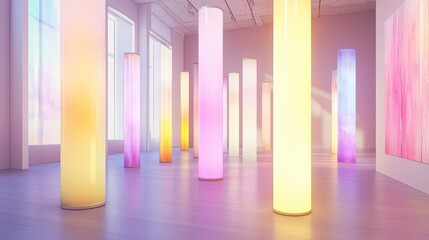 Wall Mural - Floor-to-ceiling light columns in various pastel hues, creating a soft, ambient atmosphere within an art gallery