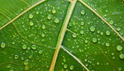 Wall Mural - Close-up of water droplets on a vibrant green leaf.