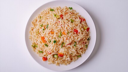 Wall Mural - Colorful Vegetable Fried Rice in White Round Plate on White Background